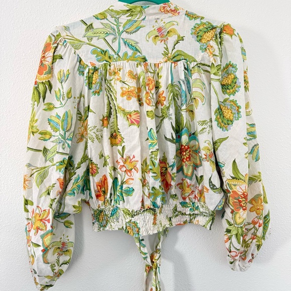 RACHEL Rachel Roy Tropical Floral Linen Blend Tie Front Blouse Puff Sleeve L - Picture 8 of 15